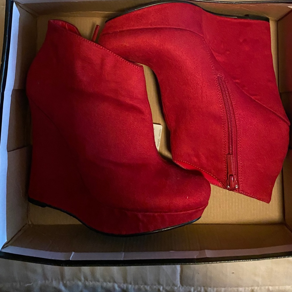 Red wedge ankle booties